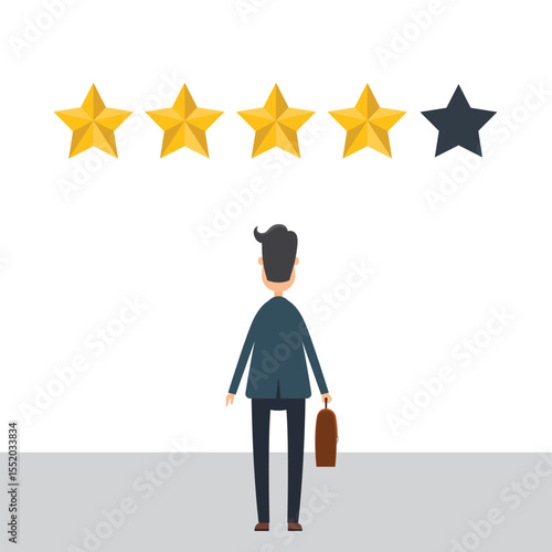 A business man stands viewing a four-star rating. The man holds a briefcase. The rating may represent product quality or customer satisfaction and opinions.