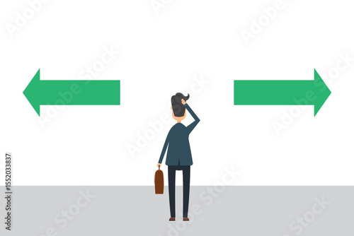 An individual stands perplexed before two directional arrows, one pointing left and the other right. The person looks indecisive, facing a critical decision point in life.
