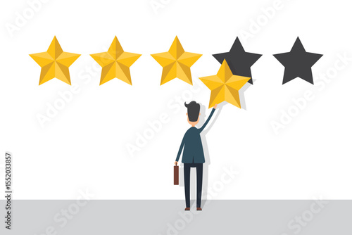 A man in a suit adds a golden star to a rating, with three gold stars filled and two stars unfulfilled, implying feedback or review process evaluation.