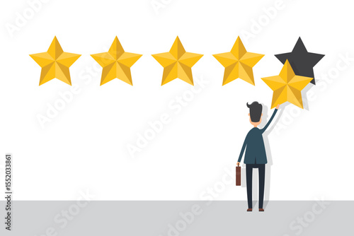 A man in a suit places a gold star to complete a five-star rating. He is holding a briefcase and facing away in a simple, neutral setting suggesting feedback or evaluation.