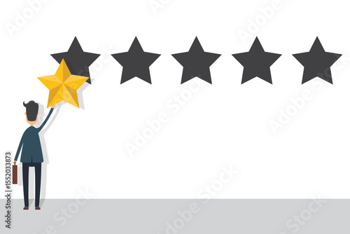 An illustration shows a person in a suit adding a golden star to four grayed-out stars, suggesting customer satisfaction, rating, or feedback in a business context.