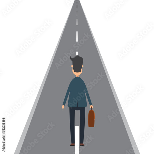 An illustration of a businessman walking away, down a paved road with a briefcase. The road is wide with painted stripes to guide a path.