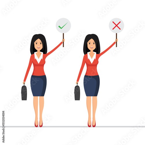 Two businesswomen hold signs indicating approval with a checkmark and disapproval with an X, suggesting decision-making, choices, or feedback within a business context.