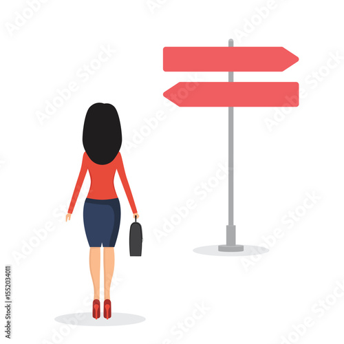 An illustration of a businesswoman standing before a signpost. The directional arrows signify decisions, symbolizing choices.  She's in professional attire, holding briefcase.