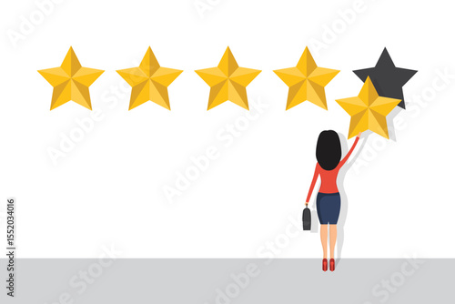 A woman places a gold star, completing a five-star review. She has a business bag. Shows customer satisfaction, feedback, and rating on a white background.