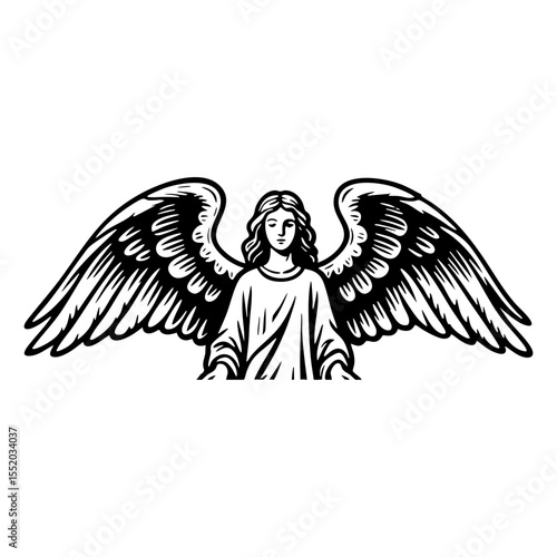 flying angel engraving black and white outline. Scratch board imitation.