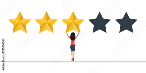 An illustration displays a woman, seen from the back, holding a golden star to complete a three-star rating. Two blank stars remain. Signifying customer review.