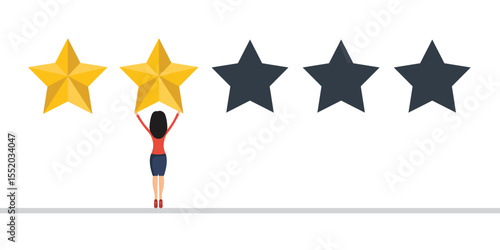 Woman gives two star rating with hands up placing star. Review and rating concept. Shows product, service, or experience is below expectations and unsatisfactory.