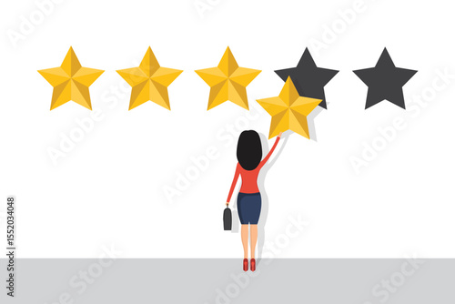 Illustration of a woman adding a fifth golden star to complete a rating, next to two dimmed stars. She carries a briefcase, showing a commitment to quality.