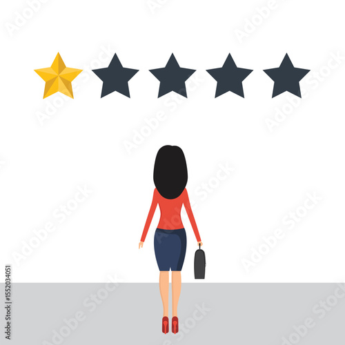 A woman stands before a one-star rating display, back turned. She carries a briefcase. Four dark stars and one gold star are overhead, set against a stark white background.
