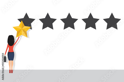 A woman places a gold star next to four black stars to signify positive rating and feedback. Represents customer satisfaction in business and service industry.