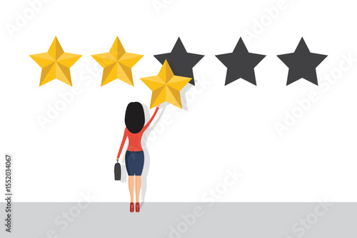 A woman adds a star to a rating system. The image conveys the concept of service review, customer feedback, and performance evaluation using a five star scale.