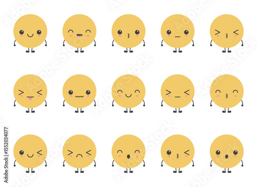 A collection of fifteen unique round face cartoon characters, each displaying distinct expressions. The light background emphasizes their minimalist design and simple charm.