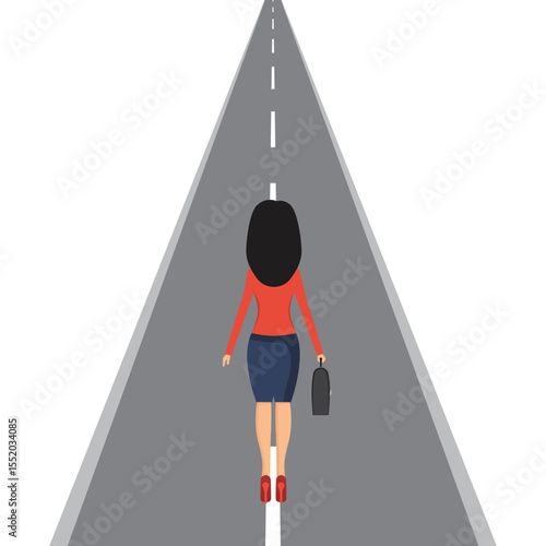 A woman in professional attire walks along a wide road, heading towards a distant horizon with briefcase in hand. She is walking on a white painted line.
