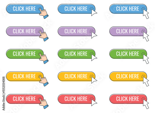A set of twelve rounded buttons prompting users to "click here" in blue, purple, green, yellow, and red. Some feature pointing hands, others cursor icons, encouraging engagement.