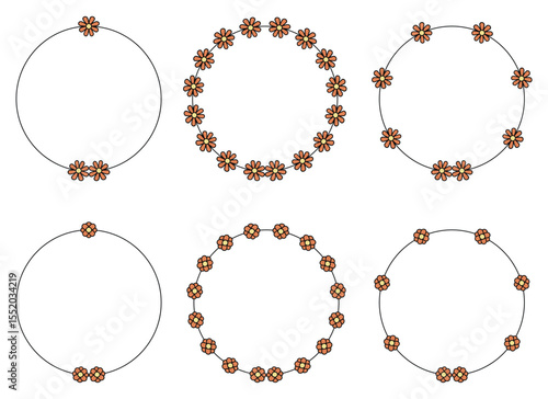 A collection of six circle frames decorated with small daisy flowers arranged around the circumference, offering a range of design possibilities and creative options.