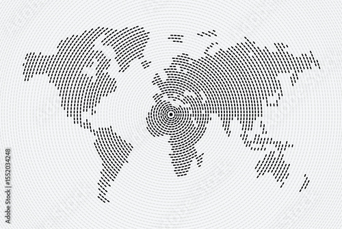 Abstract vector world map made from concentric circles of dashed lines on a light gray background, focusing on Europe. It visualizes global data and interconnectedness.
