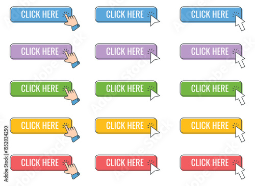 A grid showcases a variety of vibrant 'Click Here' buttons, each adorned with either a finger-pointing or arrow cursor, symbolizing a digital call to action on a website.