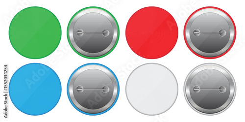 A set of eight circular badges in various colors, including green, red, blue, and white, some featuring a metal pin backing, against a plain white backdrop.