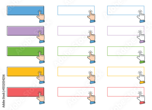 Illustration of multiple rectangular buttons in a variety of colors each being clicked by a hand cursor. These buttons are likely used in user interfaces.