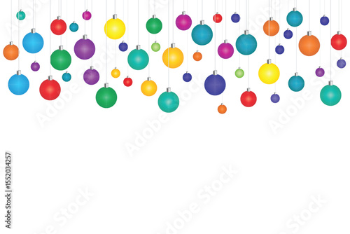 A collection of vividly colored round ornaments suspended by thin strings against a clean white backdrop creates a joyful and festive atmosphere. The assortment of colors enhances the visual appeal.