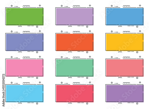 A collection of twelve outlined, solid color geometric blocks, arranged in a three by four grid on a white background. The blocks all have unique colors.