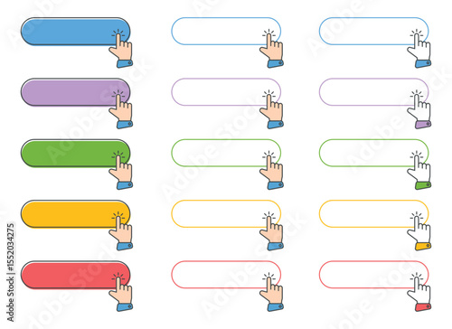A set of stylized, colorful buttons designed for web or app interfaces, each accompanied by a cartoon hand graphic as a visual pointer, implying user interaction.