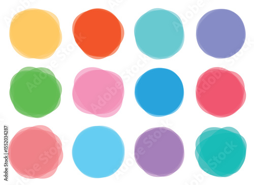 A grid arrangement of twelve abstract circular shapes each rendered in a different color with a soft watercolor-like effect, creating a playful and modern composition.