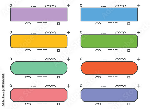 A variety of colorful graphic abstract blocks are displayed on a white background. These blocks could be used as buttons in a website design template or user interface.