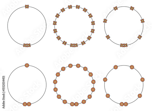 Six different circular frames decorated with small orange flowers are arranged against a white background. The flower arrangement varies around each circle.