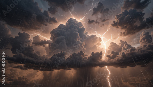 Dramatic storm clouds with lightning and heavy rain create powerful atmosphere