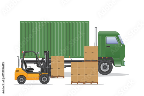 Illustration of a forklift with shipping container and a truck unloading boxes on pallets. This image portrays the logistics of goods transportation.