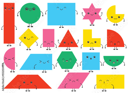 A collection of colorful cartoon geometric shapes with faces, arms and legs. The shapes have different expressions, like smiling, winking, sad, and surprised. Set on a white background.