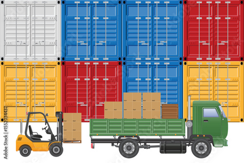 A forklift loads boxes onto a green truck with containers in the background. The containers are white, blue, red, and yellow representing supply chains.
