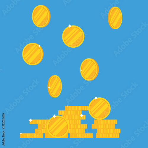 Stylized graphic illustration of gold coins falling and stacking up. The image evokes themes of financial growth, savings, wealth, and prosperity on a blue background.