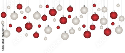 A festive arrangement of red and white spherical ornaments suspended from strings against a clean white background. The scene evokes holiday cheer and decorative simplicity.