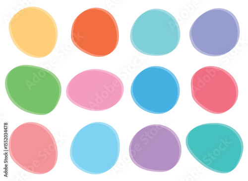 A grid of twelve abstract shapes, each with a different vibrant color.  The shapes have slightly rounded edges and a subtle translucent border, all on a white background.
