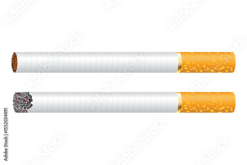 A visual comparison of a cigarette, one new and ready to light, and the other already lit and burning. Both are set against a stark white background. Smoke is not visible.