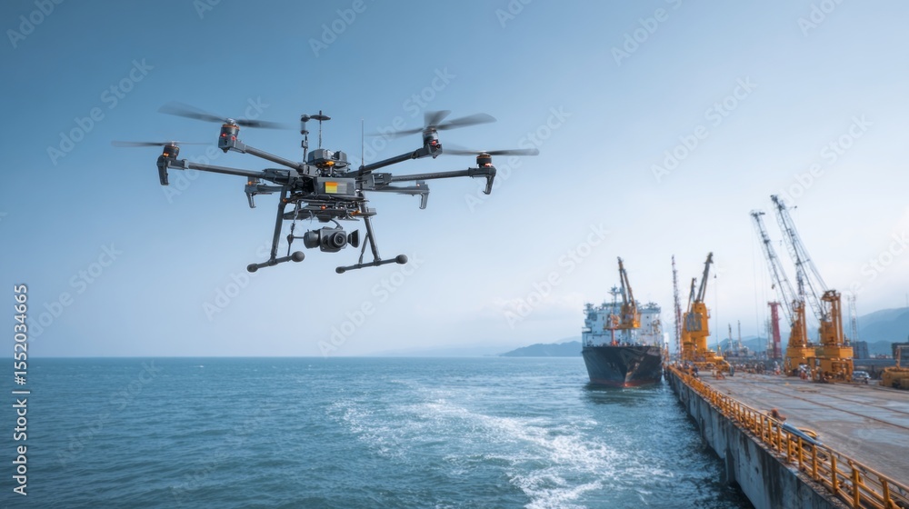Fototapeta premium A drone flying over the sea, near an industrial port with ships and cranes in the background. The scene captures technological innovation for remote tasks like drone technology. 