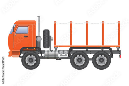 Illustration of an orange log truck, essential for timber transport. The truck has a sturdy frame and trailer setup for carrying lumber from forests to processing facilities.