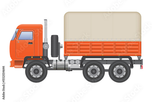 An orange cabover truck, featuring a covered cargo bed, is depicted from a side perspective. The image shows the vehicle against a plain white background. The truck has 3 axles.