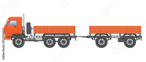 An orange semi-truck with a trailer, both featuring empty cargo bays, sits on a white background. The vehicle appears poised to transport freight or goods.