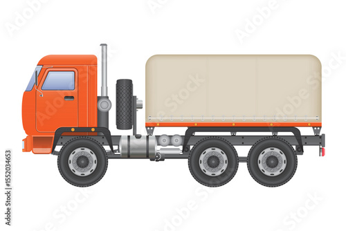 A side view illustration shows an orange semi-truck with a covered trailer on a white background. It features three axles, a spare tire, and a cabin with a visible window.
