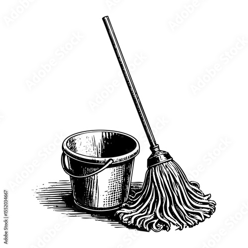 Mop and bucket sketch engraving black and white outline. Scratch board imitation. illustrated in vintage line art style on a white background.