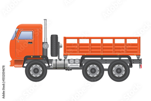 Illustration of an orange flatbed truck with a single cab, triple axles, and spare tire.  The flatbed has a slatted design and is shown on a white background.