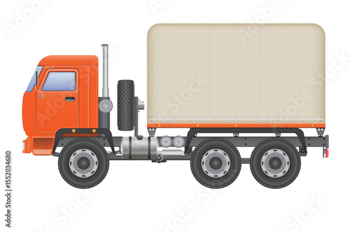 Side view of an orange semi-truck with a cream colored covered trailer on a white background. The truck has three axles, a spare tire, and a tall exhaust pipe.