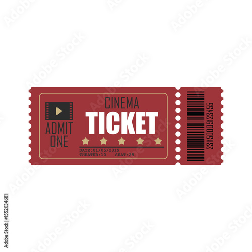 A red and beige cinema ticket with barcode, stars, date, theater, and seat number. It represents entertainment, leisure, and the anticipation of a movie experience.