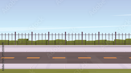 A sunny cartoon image depicts a road, sidewalk, and greenery with a fence, set against a blue sky. The composition is clean, with bright colors and simplified forms.