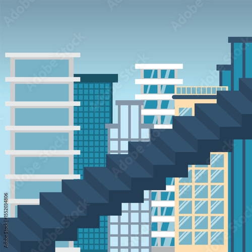 A stylized illustration shows a staircase climbing upwards across several modern buildings in a city skyline, with clear, light-blue sky background and geometric urban shapes.
