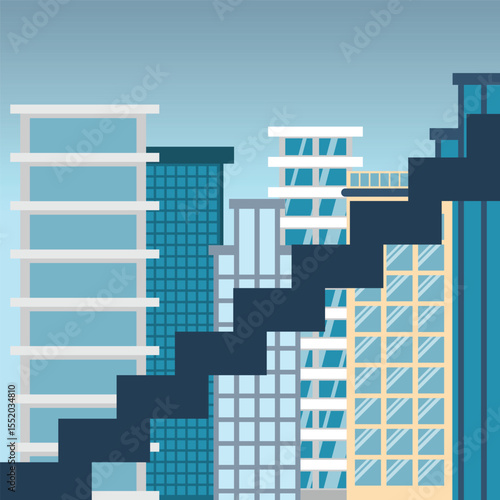 Geometric design of tall buildings and stair steps. The image symbolizes career development, ambitions and corporate success. Urban landscape with bright blue color palette.